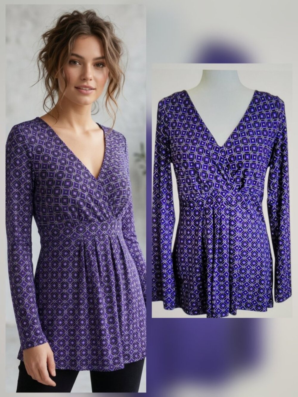 Babydoll Peasant Purple Black Stretchy Jersey Knit Tunic Top with Bell Sleeves